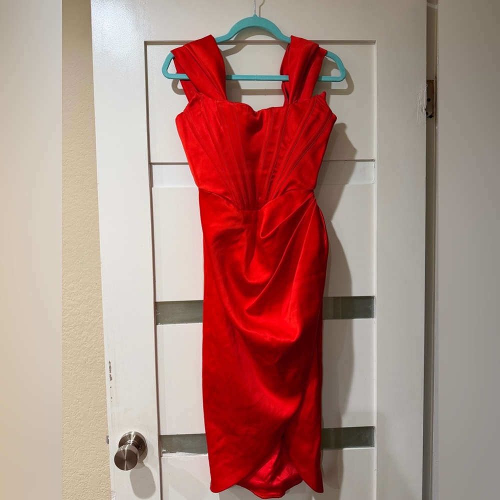 House of CB Red Satin Midi Dress with Structured Bodice